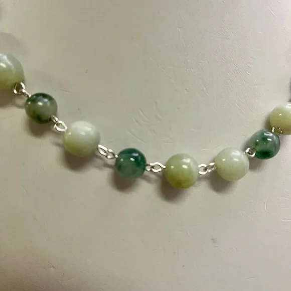 Green Phrenite and Moss Agate Gemstone Beaded Sterling Silver Necklace - Picture 2 of 2